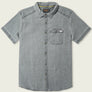 Gray short-sleeve button-up shirt on a light gray background
