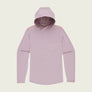 Dusty rose long sleeve shirt with a hood and a pocket on the front on an off white background