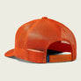 Back of an orange mesh hat with a snap for different sizing on a blank background