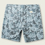 Blue camouflage shorts on a light gray background