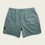 Backside of blue shorts with a pocket and a logo on the side against a white background