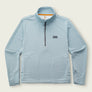 Light blue 1/4 zip pull over sweatshirt on a beige background