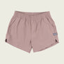 Dusty brown shorts with a small logo on the side against a white background