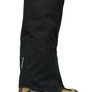 Back view of a black and brown boot that has a black gaiter on the upper leg part that hooks around the bottom of the boot.