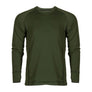 Dark green long sleeve shirt against a white background.