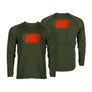 Dark green long sleeve shirt that is showing where the heating elements are in the shirt.