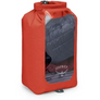 Orange Osprey dry sack with a window showing clothes through it against white background