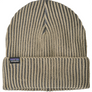 Cream and grey stripped hat that flips up an has a Patagonia tag on the top of the flipped part.