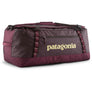 Deep purple duffel bag with the Patagonia logo on the side in a cream color.