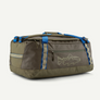 Dark green duffel bag with blue accents and a fish on the side.