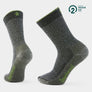 Dark green and lime green socks against a white background.