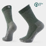 Dark green and grey socks against a white background.