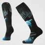 Black and blue patterned socks on a light gray background