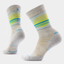 Light grey socks with lime green, light blue and dark blue accents against a white background.