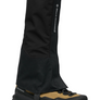 Black and brown boot that has a black leg gaiter that is hooked around the bottom of the boot.