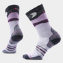 Socks with various shades of purple with a night sky on the upper leg part against a white background.