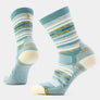 Blue stripped sock with white, yellow and dark blue accents against a white background.