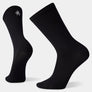 Black socks with a little white picture on the back of the sock against a white background.