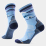 Light blue socks that have navy blue and pale purple accents against a white background.