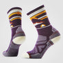 Dark purple sock that has cream and yellow accents and a sky line of the leg portion of the sock.