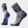 Light gray socks with blue accents and a brown bison on the upper leg part.