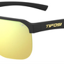 A pair of yellow and black sunglasses with the Tifosi logo in yellow on the side against a white background