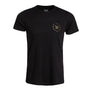 Black short sleeve shirt against a white background that has a brand logo for Vortex on the front left chest pocket area.