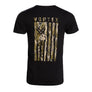 Short sleeve shirt that has an image on the back that says Vortex and has a flag in the color camo.