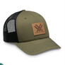 Olive green and black hat with a brown leather Vortex logo patch on the front against a white background.