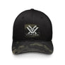 Black hat with camo print on the brim and a camo Vortex logo patch on the front against a white background.