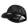 Back view of a snapback hat that is mesh and black against a white background.