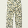 Back view of a pair of pale camo sweatpants against a cream colored background.