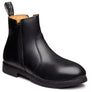 Angled view of a black boot against a white background.