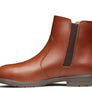Brown boot with a dark brown sole against a white background.