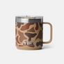 Small brown camo mug with silver accents against a white background.