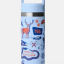 Light blue water bottle with a straw cap with camping images all over against a white background.