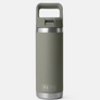 Muted dark green bottle with a straw lid and Yeti etched onto the base of the bottle.