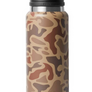 Brown camo bottle with a black lid that has the Yeti logo at the bottom.