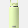 Pale yellow/green colored Yeti bottle with a straw cap with the Yeti logo etched onto the bottom.