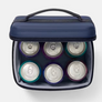 Top view of a lunch box that is holding 6 cans against a white background.