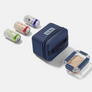 An image of a lunch box, 3 cans and a container with a sandwich inside. All against a white background.