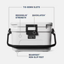A picture of a white color with words describing parts of the cooler and what they are for against a white background.