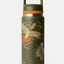 Olive green bottle with different birds all over it and orange accents on the cap.