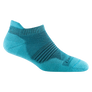 Cyan and dark blue no show tab sock on a white background
