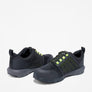 Black and green shoes one showing the front one showing the back against a white background