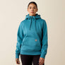 Person wearing a light teal hoodie that is 1/2 zip and has a large pocket on the front.