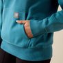 Up close picture of a person putting their hand into a hoodie pocket.
