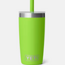 Bright green tumbler with a silicone straw lid against a white background