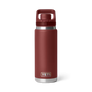 Red bottle with a lid handle and Yeti etched into the bottom of the bottle.