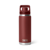 Red bottle with a lid handle and Yeti etched into the bottom of the bottle.